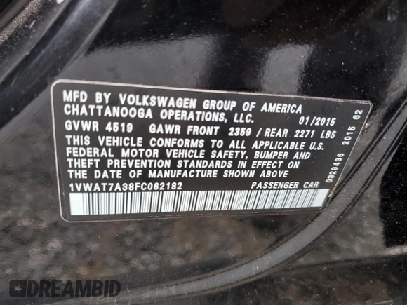 2015 Volkswagen Passat Wolfsburg Edition with VIN 1VWAT7A38FC062182, listed as a Copart auction lot 57321765 with 156,265 mi miles and Salvage title. Bid and sale history available at DreamBid. Image 12.