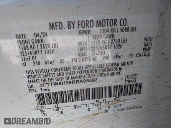 2024 Ford Maverick XLT with VIN 3FTTW8H99RRA85592, listed as a IAAI auction lot 41816187 with 13,923 mi miles and . Bid and sale history available at carsss.com. Image 9.