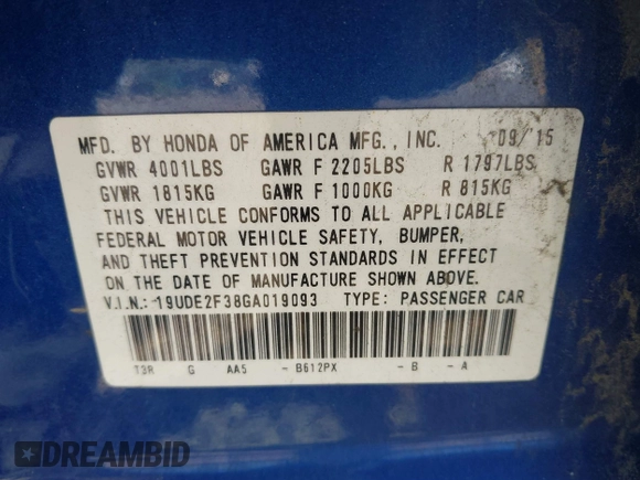 2016 Acura ILX with VIN 19UDE2F38GA019093, listed as a IAAI auction lot 42530803 with 182,175 mi miles and . Bid and sale history available at DreamBid. Image 9.