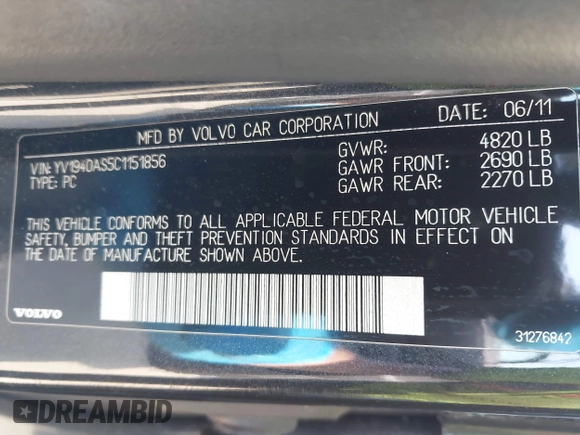 2012 Volvo S80 3.2L with VIN YV1940AS5C1151856, listed as a IAAI auction lot 41810344 with 138,479 mi miles. Bid and sale history available at carsss.com. Image 9.