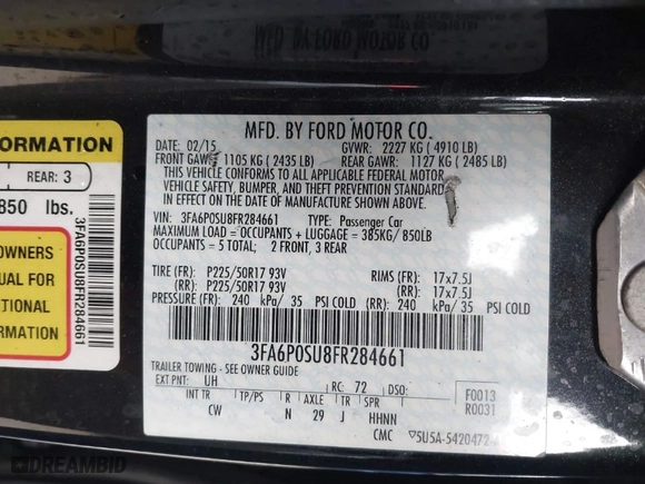 2015 Ford Fusion Energi Titanium with VIN 3FA6P0SU8FR284661, listed as a IAAI auction lot 41199944 with 1 mi miles. Bid and sale history available at carsss.com. Image 9.