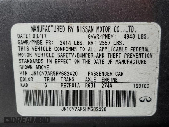 2017 Infiniti Q50 2.0t Premium with VIN JN1CV7AR5HM682420, listed as a Copart auction lot 43819665 with 117,620 mi miles and Salvage Title. Bid and sale history available at carsss.com. Image 14.