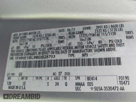 2011 Ford Econoline Passenger XL with VIN 1FMNE1BL9BDB28703, listed as a IAAI auction lot 41867557 with 149,912 mi miles and . Bid and sale history available at DreamBid. Image 9.