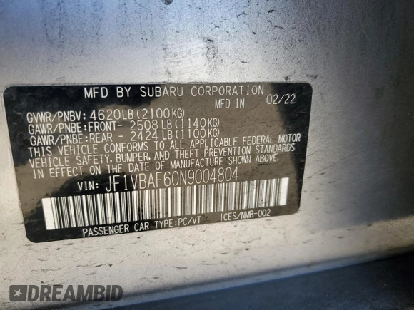 2022 Subaru WRX Premium with VIN JF1VBAF60N9004804, listed as a Copart auction lot 57851005 with 45,840 mi miles and Salvage title. Bid and sale history available at DreamBid. Image 12.