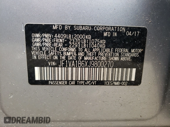 2018 Subaru WRX Premium with VIN JF1VA1B6XJ9800270, listed as a Copart auction lot 46814161 with 0 mi miles and Salvage Title. Bid and sale history available at carsss.com. Image 10.
