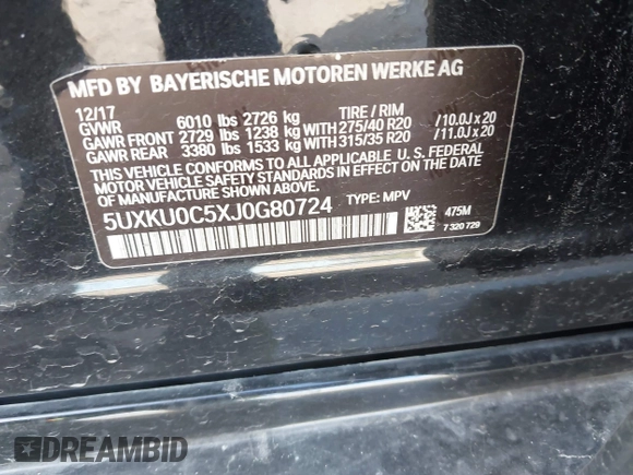 2018 BMW X6 sDrive35i with VIN 5UXKU0C5XJ0G80724, listed as a IAAI auction lot 41274338 with 122,696 mi miles. Bid and sale history available at carsss.com. Image 9.