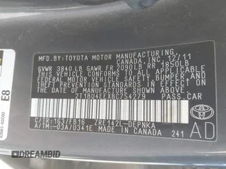 2011 Toyota Corolla L with VIN 2T1BU4EEXBC754279, listed as a IAAI auction lot 41752574 with 187,619 mi miles. Bid and sale history available at carsss.com. Image 9.