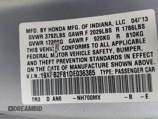 2013 Honda Civic EX with VIN 19XFB2F81DE036385, listed as a IAAI auction lot 42026958 with 158,338 mi miles and . Bid and sale history available at DreamBid. Image 9.