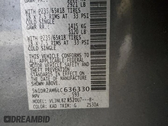 2020 Nissan Pathfinder S with VIN 5N1DR2AM6LC636330, listed as a Copart auction lot 52258625 with 67,108 mi miles and Salvage title. Bid and sale history available at DreamBid. Image 15.