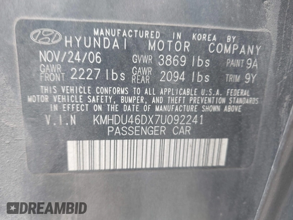 2007 Hyundai Elantra GLS with VIN KMHDU46DX7U092241, listed as a IAAI auction lot 42654502 with 133,244 mi miles and . Bid and sale history available at DreamBid. Image 9.
