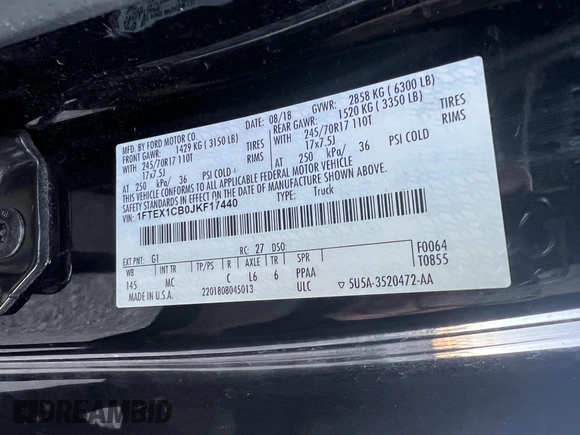 2018 Ford F-150 XL with VIN 1FTEX1CB0JKF17440, listed as a IAAI auction lot 42019621 with 168,007 mi miles. Bid and sale history available at carsss.com. Image 8.