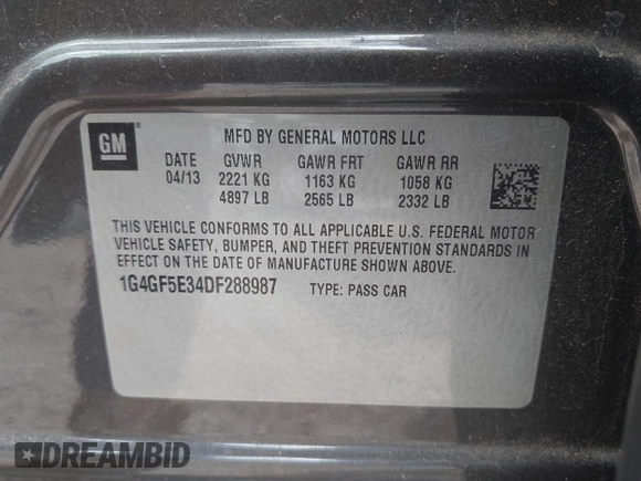 2013 Buick LaCrosse Premium 1 with VIN 1G4GF5E34DF288987, listed as a IAAI auction lot 42508861 with 84,603 mi miles and . Bid and sale history available at DreamBid. Image 9.