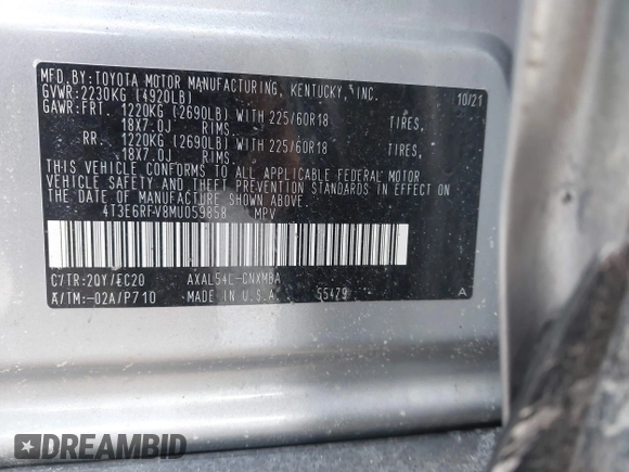 2021 Toyota RAV4 Hybrid XSE with VIN 4T3E6RFV8MU059858, listed as a IAAI auction lot 41423611 with 14,281 mi miles and . Bid and sale history available at DreamBid. Image 9.
