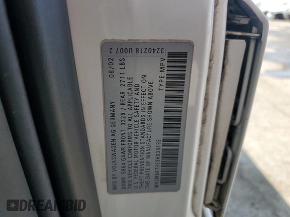 2003 Volkswagen EuroVan MV с VIN WV2MB47033H038192, выставлен на аукционе Copart как лот 67783954 с пробегом 176 595 миль миль и Списание • Salvage title. История ставок и продаж доступна на DreamBid. Изображение 13.