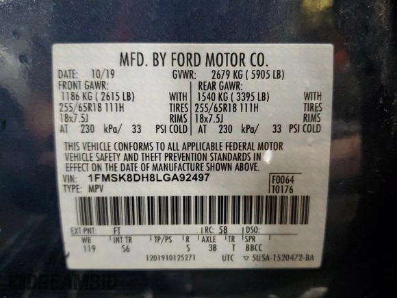 2020 Ford Explorer XLT with VIN 1FMSK8DH8LGA92497, listed as a Copart auction lot 53530385 with 82,241 mi miles and Salvage Title. Bid and sale history available at carsss.com. Image 15.