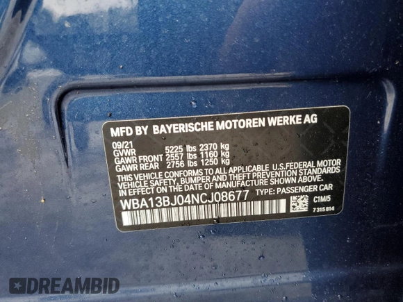 2022 BMW 5 Series 530i xDrive with VIN WBA13BJ04NCJ08677, listed as a Copart auction lot 46466225 with Not Provided miles and Salvage Title. Bid and sale history available at carsss.com. Image 13.