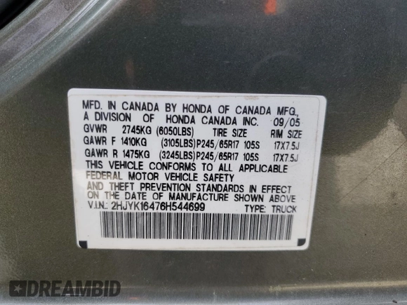 2006 Honda Ridgeline RTS z VIN 2HJYK16476H544699, wystawiony jako Copart lot #53528725 z przebiegiem 225 881 mil mil oraz Szkoda całkowita • Salvage title. Historia ofert i sprzedaży dostępna na DreamBid. Obrazek 12.