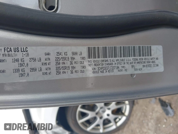 2018 Dodge Journey GT with VIN 3C4PDDEG7JT237184, listed as a IAAI auction lot 42670055 with 125,025 mi miles and . Bid and sale history available at DreamBid. Image 9.