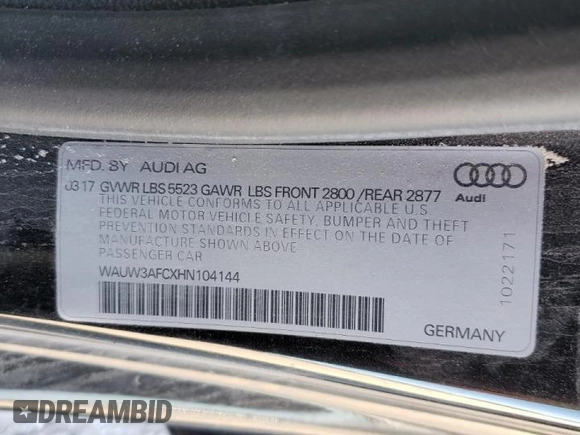 2017 Audi A7 Premium Plus with VIN WAUW3AFCXHN104144, listed as a Copart auction lot 69931601 with 39,268 mi miles. Bid and sale history available at carsss.com. Image 10.