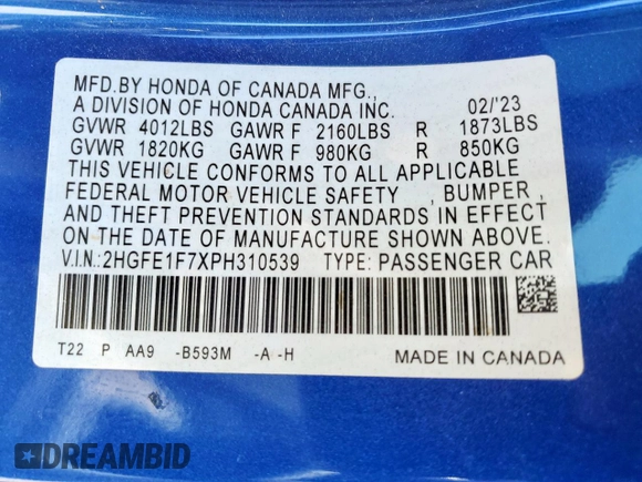 2023 Honda Civic EX с VIN 2HGFE1F7XPH310539, выставлен на аукционе Copart как лот 57753885 с пробегом 26 878 миль миль и Списание • Salvage title. История ставок и продаж доступна на DreamBid. Изображение 12.