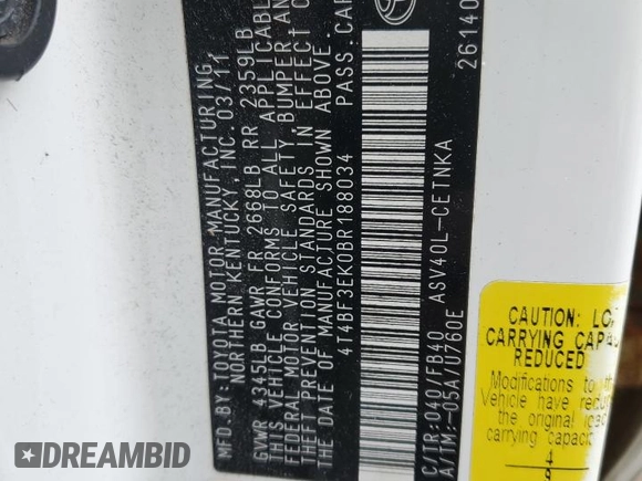 2011 Toyota Camry LE with VIN 4T4BF3EK0BR188034, listed as a Copart auction lot 62454595 with 216,367 mi miles and Salvage title. Bid and sale history available at DreamBid. Image 12.