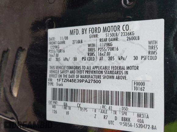 2009 Ford Ranger XLT with VIN 1FTZR45E39PA27500, listed as a IAAI auction lot 41712566 with 232,654 mi miles. Bid and sale history available at carsss.com. Image 9.