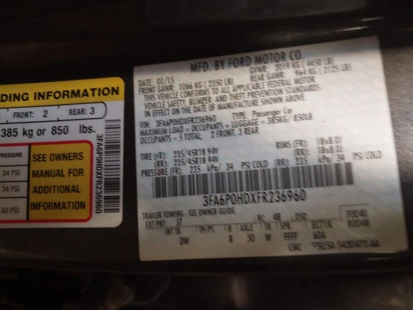 2015 Ford Fusion SE with VIN 3FA6P0HDXFR236960, listed as a IAAI auction lot 41603826 with 115,312 mi miles. Bid and sale history available at carsss.com. Image 9.