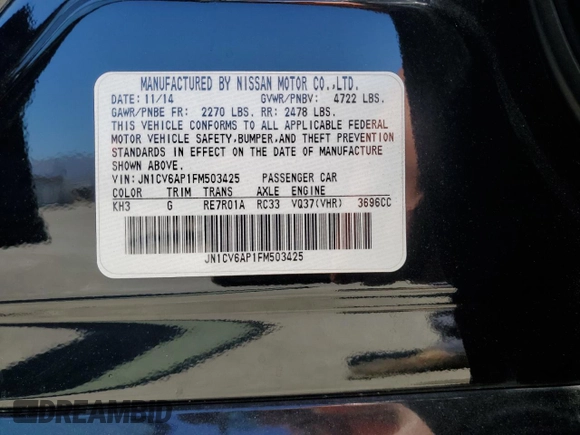 2015 Infiniti Q40 with VIN JN1CV6AP1FM503425, listed as a Copart auction lot 68308074 with 100,338 mi miles and Salvage Title. Bid and sale history available at carsss.com. Image 12.