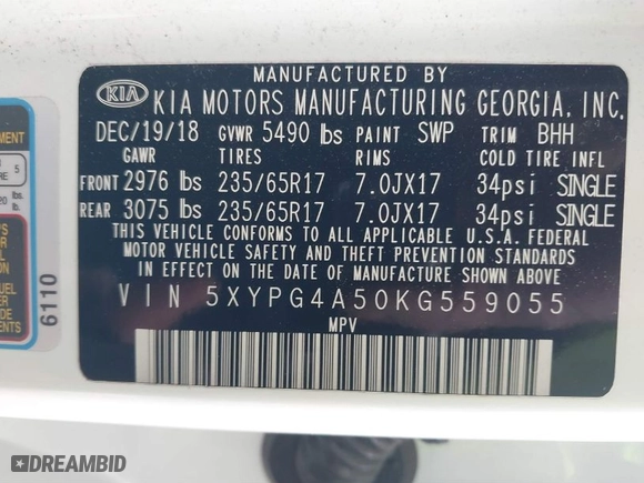 2019 Kia Sorento LX V6 with VIN 5XYPG4A50KG559055, listed as a IAAI auction lot 41472343 with NaN miles. Bid and sale history available at carsss.com. Image 9.