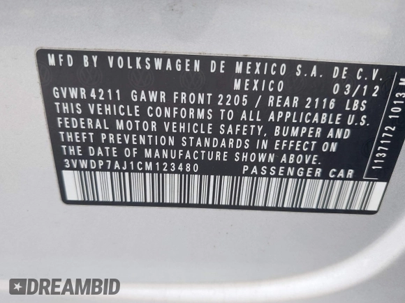 2012 Volkswagen Jetta SE z VIN 3VWDP7AJ1CM123480, wystawiony jako IAAI lot #42765785 z przebiegiem 175 548 mil mil oraz . Historia ofert i sprzedaży dostępna na DreamBid. Obrazek 9.