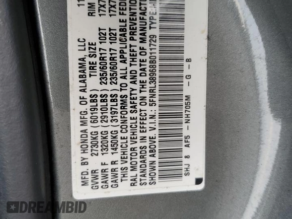 2008 Honda Odyssey Touring с VIN 5FNRL38968B011729, выставлен на аукционе Copart как лот 54608785 с пробегом 171 088 миль миль и Списание • Salvage title. История ставок и продаж доступна на DreamBid. Изображение 13.