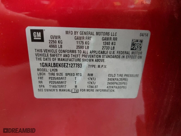 2014 Chevrolet Equinox LT with VIN 1GNALBEK6EZ127783, listed as a Copart auction lot 51504585 with 189,341 mi miles and Clean Title. Bid and sale history available at carsss.com. Image 13.