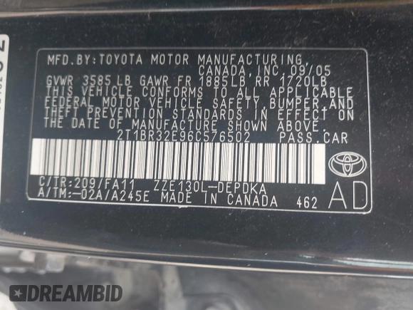 2006 Toyota Corolla CE with VIN 2T1BR32E96C576502, listed as a IAAI auction lot 42504102 with 157,903 mi miles and . Bid and sale history available at DreamBid. Image 9.