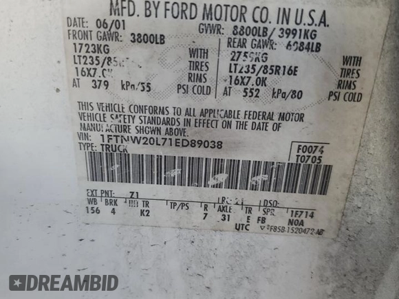 2001 Ford F-250 XL with VIN 1FTNW20L71ED89038, listed as a Copart auction lot 60929745 with 287,403 mi miles and Salvage title. Bid and sale history available at DreamBid. Image 12.