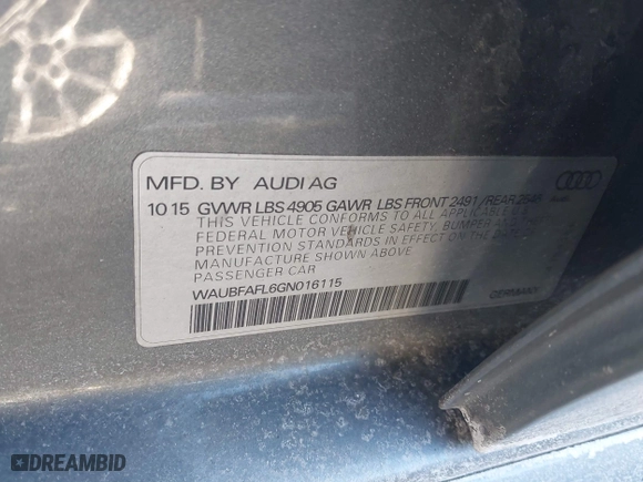 2016 Audi A4 Premium with VIN WAUBFAFL6GN016115, listed as a IAAI auction lot 41451787 with 93,785 mi miles. Bid and sale history available at carsss.com. Image 9.