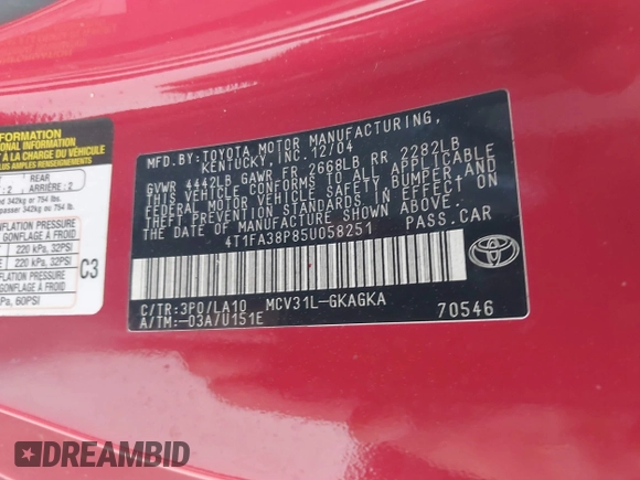 2005 Toyota Solara SE z VIN 4T1FA38P85U058251, wystawiony jako IAAI lot #41817073 z przebiegiem 165 582 mil mil oraz . Historia ofert i sprzedaży dostępna na DreamBid. Obrazek 9.