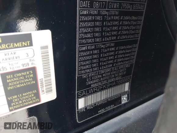 2017 Land Rover Range Rover Sport HSE with VIN SALWR2FK9HA166665, listed as a IAAI auction lot 41395869 with 64,065 mi miles and . Bid and sale history available at DreamBid. Image 9.