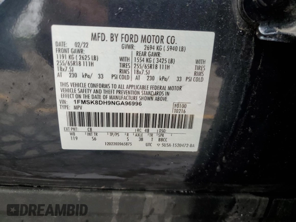 2022 Ford Explorer XLT z VIN 1FMSK8DH9NGA96996, wystawiony jako Copart lot #57039605 z przebiegiem 17 684 mil mil oraz Nie do naprawy • Non repairable. Historia ofert i sprzedaży dostępna na DreamBid. Obrazek 13.