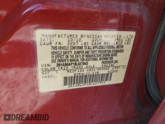 2011 Nissan Sentra 2.0 with VIN 3N1AB6AP1BL627943, listed as a Copart auction lot 56503735 with 116,503 mi miles and Salvage title. Bid and sale history available at DreamBid. Image 13.