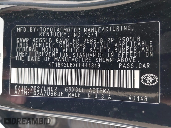 2012 Toyota Avalon with VIN 4T1BK3DBXCU444849, listed as a IAAI auction lot 42349028 with 229,680 mi miles and . Bid and sale history available at DreamBid. Image 9.