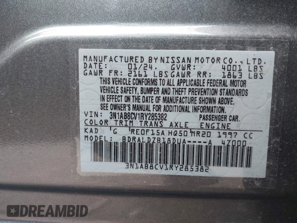 2024 Nissan Sentra SV with VIN 3N1AB8CV1RY285382, listed as a IAAI auction lot 41738171 with 3,090 mi miles and . Bid and sale history available at DreamBid. Image 9.