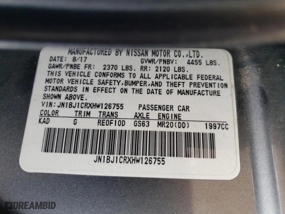 2017 Nissan Rogue Sport S with VIN JN1BJ1CRXHW126755, listed as a Copart auction lot 60220814 with 53,510 mi miles and Salvage Title. Bid and sale history available at carsss.com. Image 13.