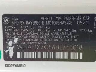 2011 BMW 3 Series 335i with VIN WBADX7C56BE743018, listed as a IAAI auction lot 41643116 with Not Provided miles and . Bid and sale history available at DreamBid. Image 9.