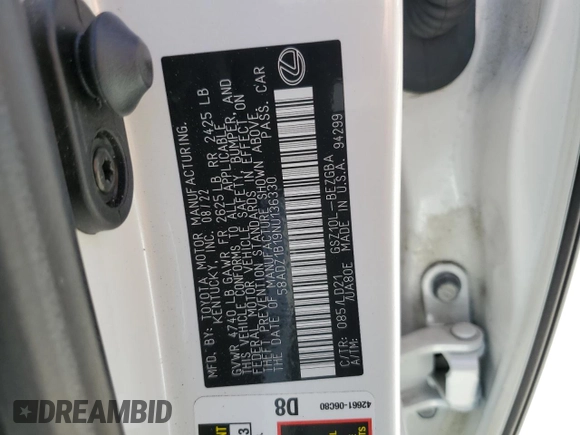 2022 Lexus ES 350 with VIN 58ADZ1B19NU136330, listed as a Copart auction lot 56100575 with 10,335 mi miles and Salvage title. Bid and sale history available at DreamBid. Image 12.