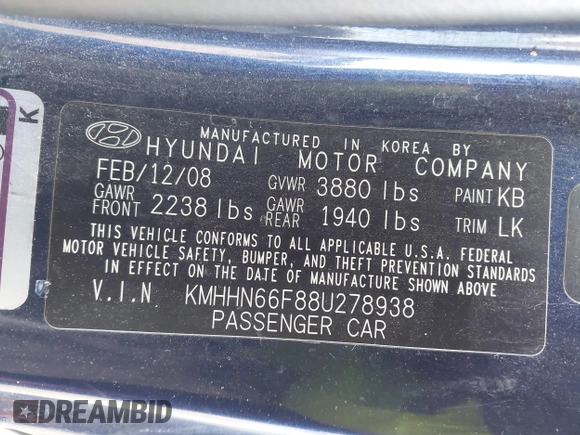 2008 Hyundai Tiburon GT z VIN KMHHN66F88U278938, wystawiony jako IAAI lot #41490527 z przebiegiem 200 669 mil mil oraz . Historia ofert i sprzedaży dostępna na DreamBid. Obrazek 9.
