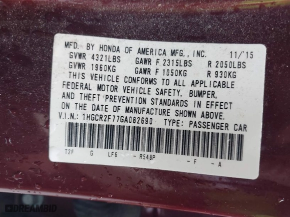 2016 Honda Accord Sedan EX with VIN 1HGCR2F77GA082690, listed as a IAAI auction lot 41876051 with 100,061 mi miles. Bid and sale history available at carsss.com. Image 9.