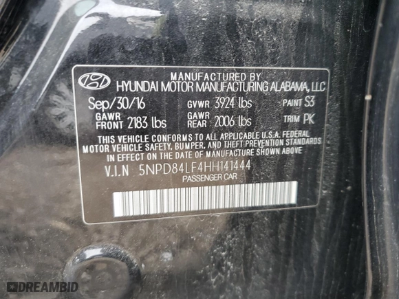 2017 Hyundai Elantra Limited with VIN 5NPD84LF4HH141444, listed as a Copart auction lot 49460815 with 57,561 mi miles and Salvage Title. Bid and sale history available at carsss.com. Image 13.