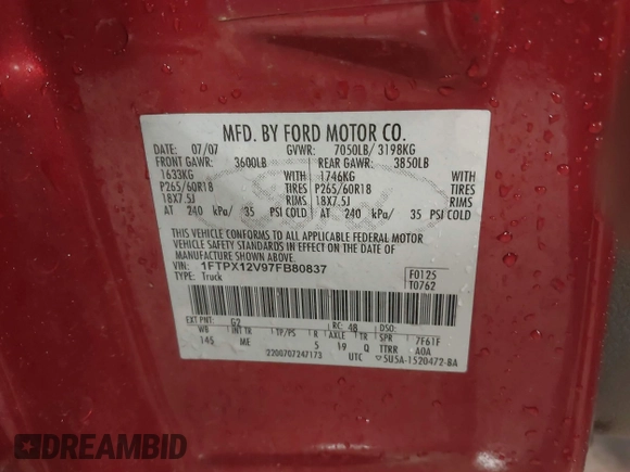 2007 Ford F-150 XL с VIN 1FTPX12V97FB80837, выставлен на аукционе IAAI как лот 42071088 с пробегом 221 296 миль миль и . История ставок и продаж доступна на DreamBid. Изображение 9.