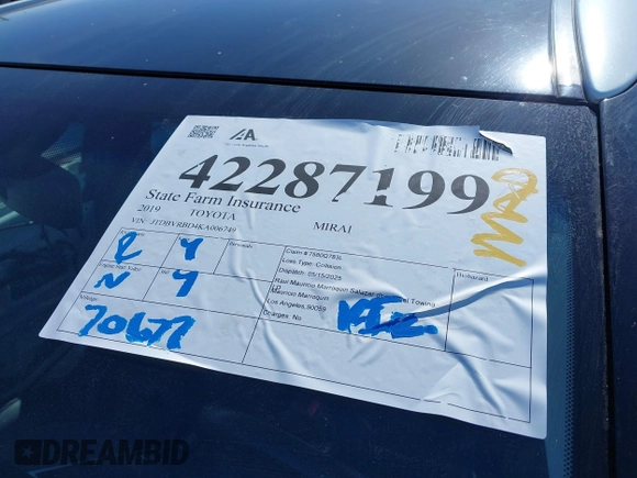 2019 Toyota Mirai with VIN JTDBVRBD4KA006749, listed as a IAAI auction lot 42287199 with 70,677 mi miles and . Bid and sale history available at DreamBid. Image 18.