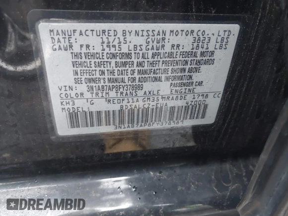 2015 Nissan Sentra SV with VIN 3N1AB7AP8FY378989, listed as a IAAI auction lot 41981269 with 141,083 mi miles. Bid and sale history available at carsss.com. Image 9.
